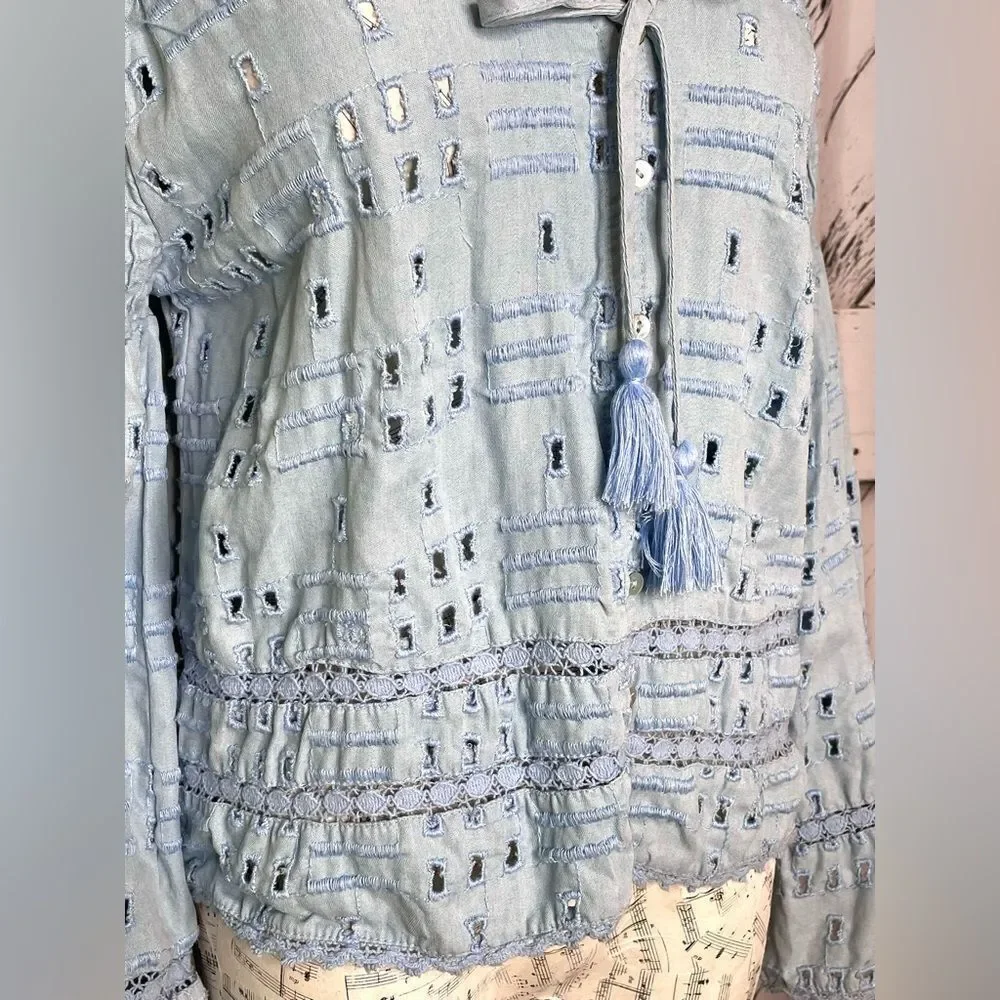 Zara TRF Collection Blue Eyelet Blouse Bell Sleeve Size S